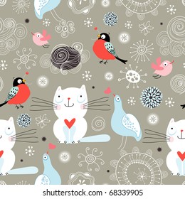 Seamless pattern of the cats and birds