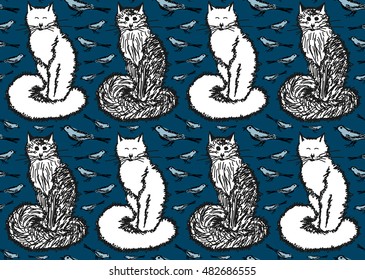 Seamless pattern with cats and birds. Endless animalistic background.