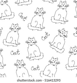 Seamless pattern of cats. Black contours on a white background. Cat lettering. Hand drawing curl cats. Vector illustration of cat. Cute cat background. Abstract cat. Black cat wallpaper. Pet pattern.