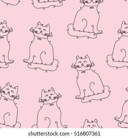 Seamless pattern of cats. Black contours cat on a red background. Hand drawing curl cats. Vector illustration of cat. Cute cat background. Abstract cat. Cat vector. Black cat wallpaper. Pet pattern.