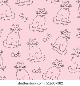Seamless pattern of cats. Black contours on a light red background. Cat lettering. Hand drawing cats. Vector illustration of cat. Cute cat background. Abstract cat. Black cat wallpaper. Pet pattern.