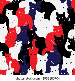 Patrón sin foco con gatos. Silueta negra, blanca y azul.