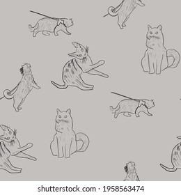 seamless pattern with cats. black and white animals. design of fabric, wrapping paper. mustache and tail. vector eps 10