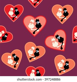  Seamless pattern with cats. Black and white cat in red heart. Vector illustration.