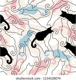 Seamless pattern with cats in blue, pink, white and black colors. Cute silhouettes of pets, beautiful kittens.
