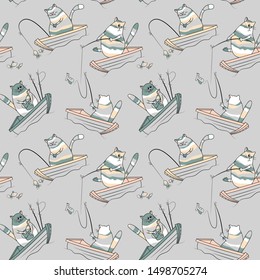 Seamless pattern with cats, boats and fishing rods in gray tones