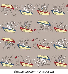 Seamless pattern with cats, boats and fishing rods in gray, yellow, red and dark blue tones