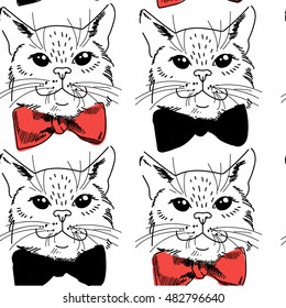 Seamless pattern with cats . Cats with a bow tie . Cute kids background . Drawing by hand .