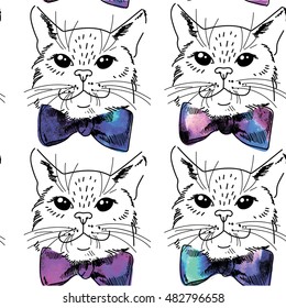 
Seamless pattern with cats . Cats with a bow tie . Cute kids background . Drawing by hand .