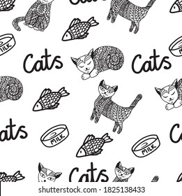 Seamless pattern with cats, a bowl of milk and fish. Doodle style. Vector. Cats with patterns on the torso. In different poses. Suitable for office supplies, fabrics, paper, wallpaper.