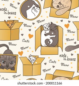 Seamless pattern with cats in boxes, vector illustration