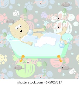 Seamless pattern with cats. Can be used for textile, website background, book cover, packaging.Kitty vector illustration. Cute seamless background with funny cat in bathroom.