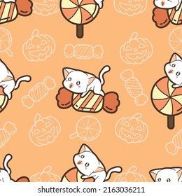 Seamless pattern cats and candy in Halloween day