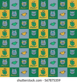 Seamless pattern with cats. Cartoon animals vector illustration with adorable kittens. Background for your fabric, textile design, wrapping paper or wallpaper.
