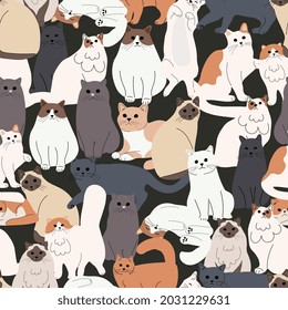 Seamless pattern with cats. Cartoon home pet, set of cute cats for print, posters and postcard. Vector animal background. Funny little cats