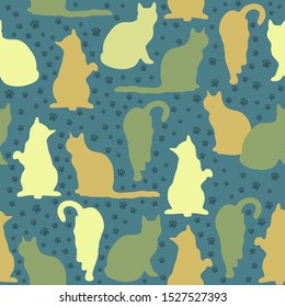 Seamless pattern with cats and cat paw prints on blue background. Vector illustration