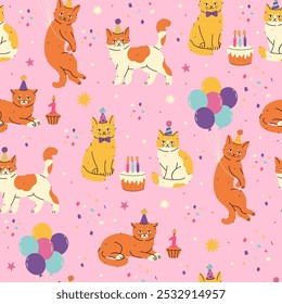 Seamless pattern with cats celebrating birthday. Vector graphics.