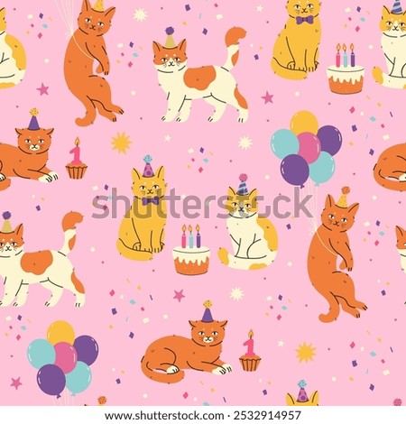 Seamless pattern with cats celebrating birthday. Vector graphics.