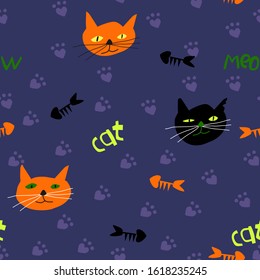 Seamless pattern with cats in a children's style. Cartoon cats. Each group of elements on a separate layer.