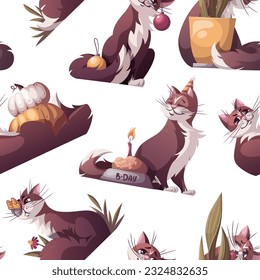 Seamless pattern with cats with christmas balls, pumpkins, bowl of cat food. New Year, Christmas, Birthday, Thanksgiving, Summer celebration concept. Vector illustration.