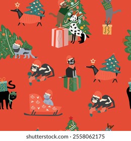 Seamless pattern with cats in Christmas clothes. Vector graphics.