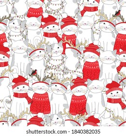 Seamless pattern with cats. Christmas and cats. Present.