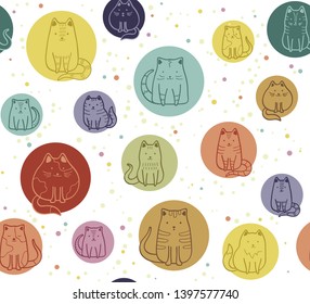 Seamless pattern with cats and circles. Cats waiting for summer. Vector background for fabric, textile, wallpaper, posters, gift wrapping paper, napkins, tablecloths, pajamas. Print for kids