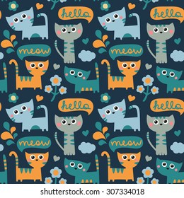 Seamless pattern with cats, cloud, hello and meow and flowers, hearts, Valentine's day, lovers, couple, love