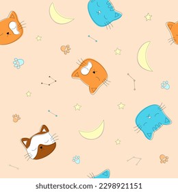Seamless pattern with cats and constellations. Cute kids texture for fabric, textile, wrapping, apparel, wallpaper. Endless background. 
