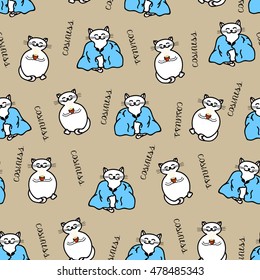 Seamless pattern of the cats cosiness with coffee, tea and a blanket. Cat background. White cats. Hand drawing. Vector illustration.