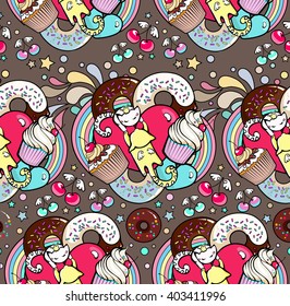 Seamless pattern with cats and cupcakes
