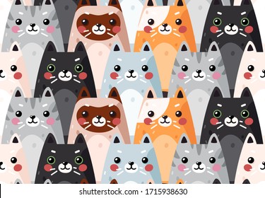 Seamless pattern with cats. Cute cat set. Funny cartoon animal characters. Vector illustration. Flat eps10. Colorful background.