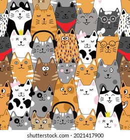 Seamless pattern with cats. Cute cat set. Funny cartoon animal characters.