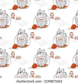 Seamless pattern with cats. Cute cat, cozy, flat illustration. Vector. Ginger cat.