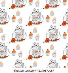 Seamless pattern with cats. Cute cat, cozy, flat illustration. Vector. Ginger cat.