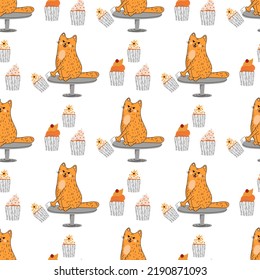 Seamless pattern with cats. Cute cat, cozy, flat illustration. Vector. Ginger cat.