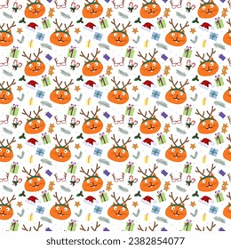 Seamless pattern with cats. Cute cat faces and New Year elements. Gift boxes, glasses and holly, cap, candy cane and fir branches, cookies. Vector. For packaging, cards and textiles, congratulations