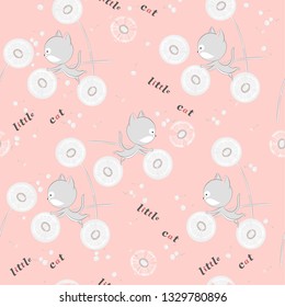 Seamless pattern with cats and dandelions for children's clothes. Cats playing with dandelions.