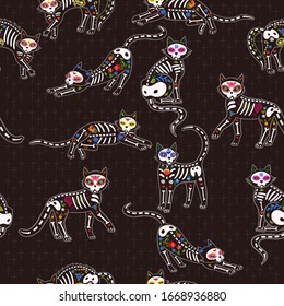 Seamless pattern of cats of the day of the dead. Vector graphics.
