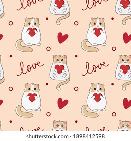 Seamless pattern with сute cats and hearts. Excellent design for packaging, wrapping paper, textile etc.