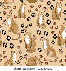 Seamless pattern with cats in different poses and animal footprints. Great for textile, wallpaper, wrapping paper, packaging design. Vector illustration, seamless pattern.