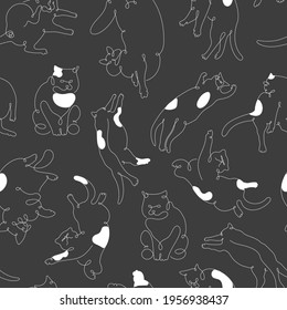 Seamless pattern with cats in different poses. Trendy one line style. Hand drawn vector illustration. Paper, textile design. Funny, adorable, cheerful animals. 