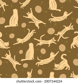 Seamless pattern with cats in different poses and yarn with knitting needles. Vector colorful illustration hand drawn. Brown background