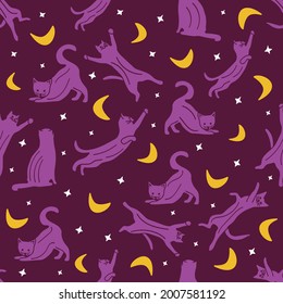 Seamless pattern with cats in different poses, in the night sky, with stars and crescent. Vector colorful illustration hand drawn. Magic print