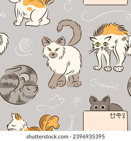 Seamless pattern of cats in different poses in sketch style. Fat cute cat lifestyle. Pets. The cat hissses, sleeps, hides sitting in box, walks. For wallpaper, fabric, wrapping, background. Fish bones