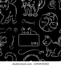 Seamless pattern of cats in different poses in sketch style. Fat cute cat lifestyle. Pets. The cat hissses, sleeps, hides sitting in box, walks. For wallpaper, fabric, wrapping, background. Fish bones