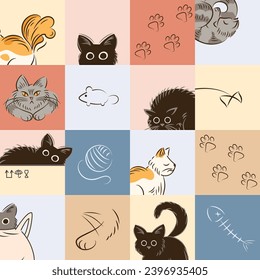 Seamless pattern of cats in different poses in sketch style. Fat cute cat lifestyle. Pets. The cat hissses, sleeps, hides sitting in box, walks. For wallpaper, fabric, wrapping, background. Fish bones
