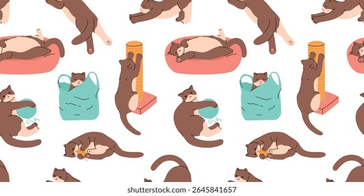 Seamless pattern with cats in different poses. Domestic cats play, sleep, rest. Flat vector illustration.