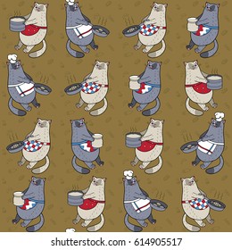 Seamless pattern with cats and dishes