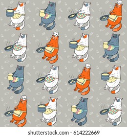 Seamless pattern with cats, dishes and food